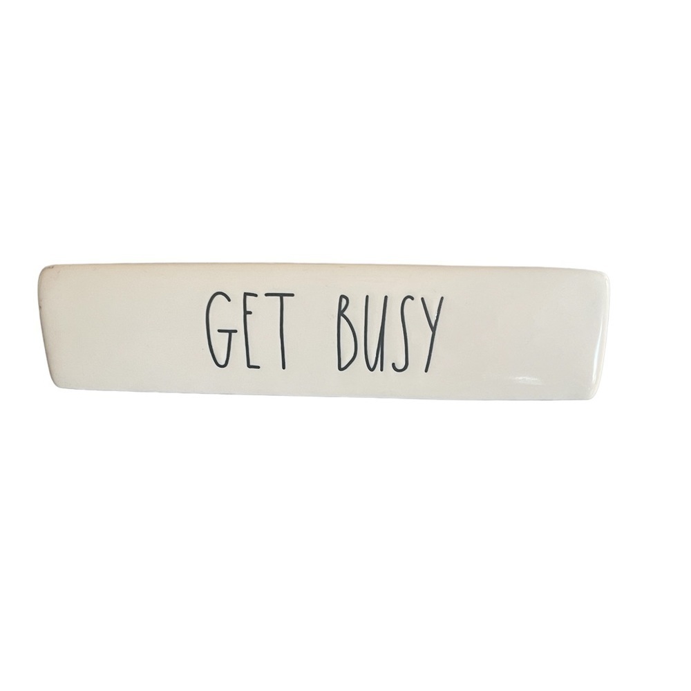 Nwt Rae Dunn Desk Plaque Paperweight Get Busy Desk Sign White Ceramic